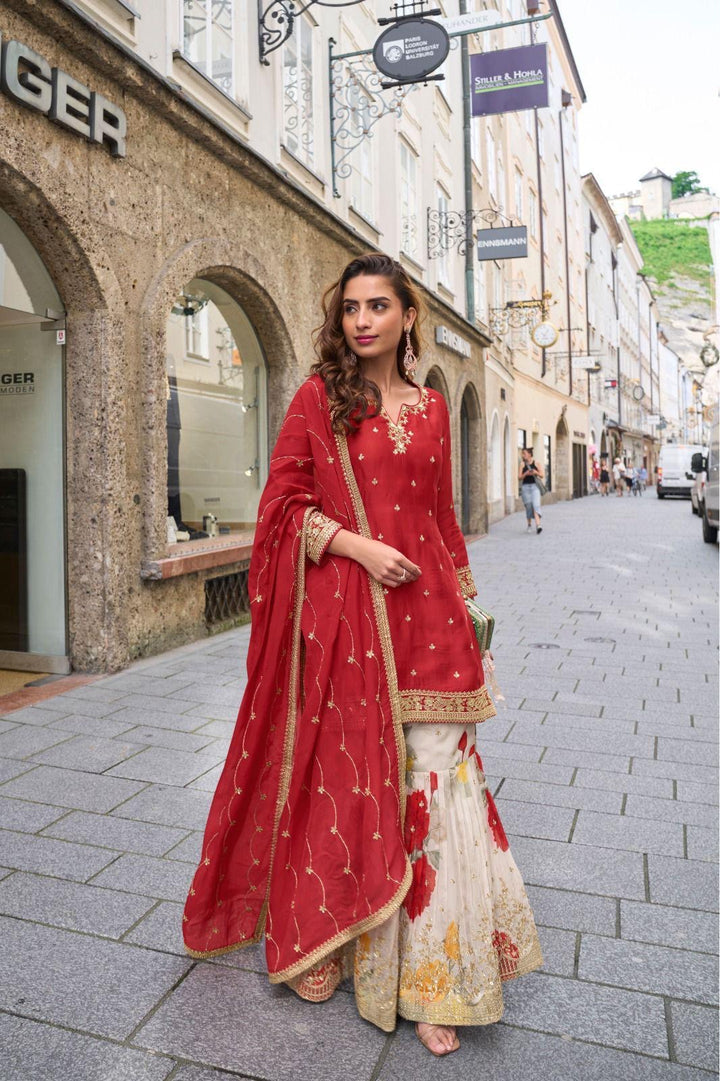 Red Karwachauth Special Party Wear Embroidered Straight Kurta With Printed Sharara and Red Dupatta