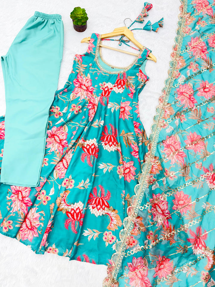 Light Blue Floral Long Anarkali Festive Suit