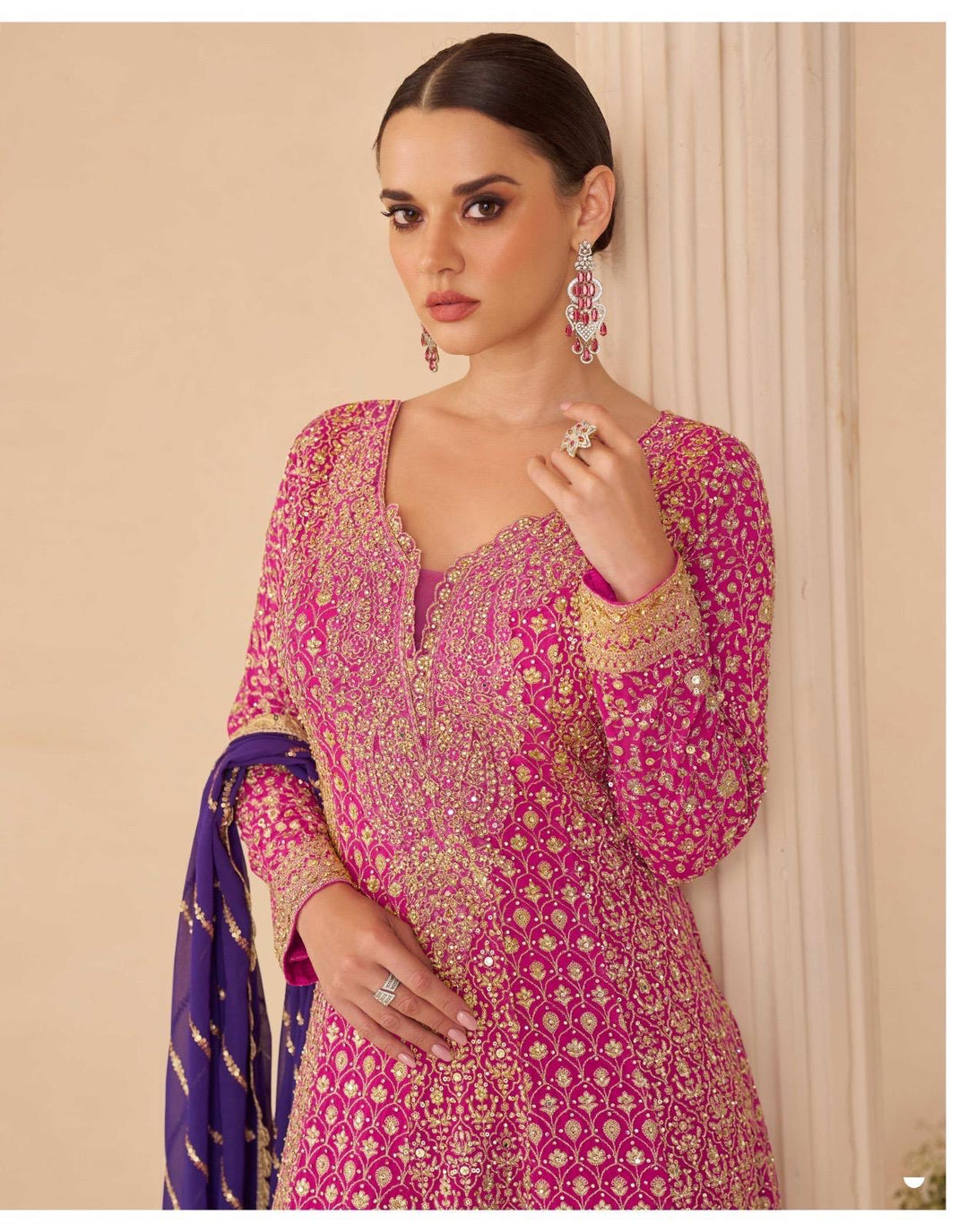 Pink-Purple Heavy Anarkali Style Swaroski Embroidered Party Wear Palazzo Suit