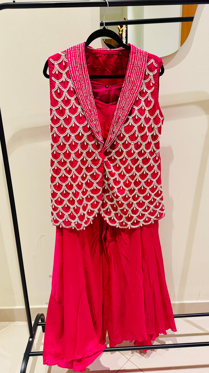 Rani Pink 3 Piece Indo Western Jacket Style Palazzo Party Wear Set