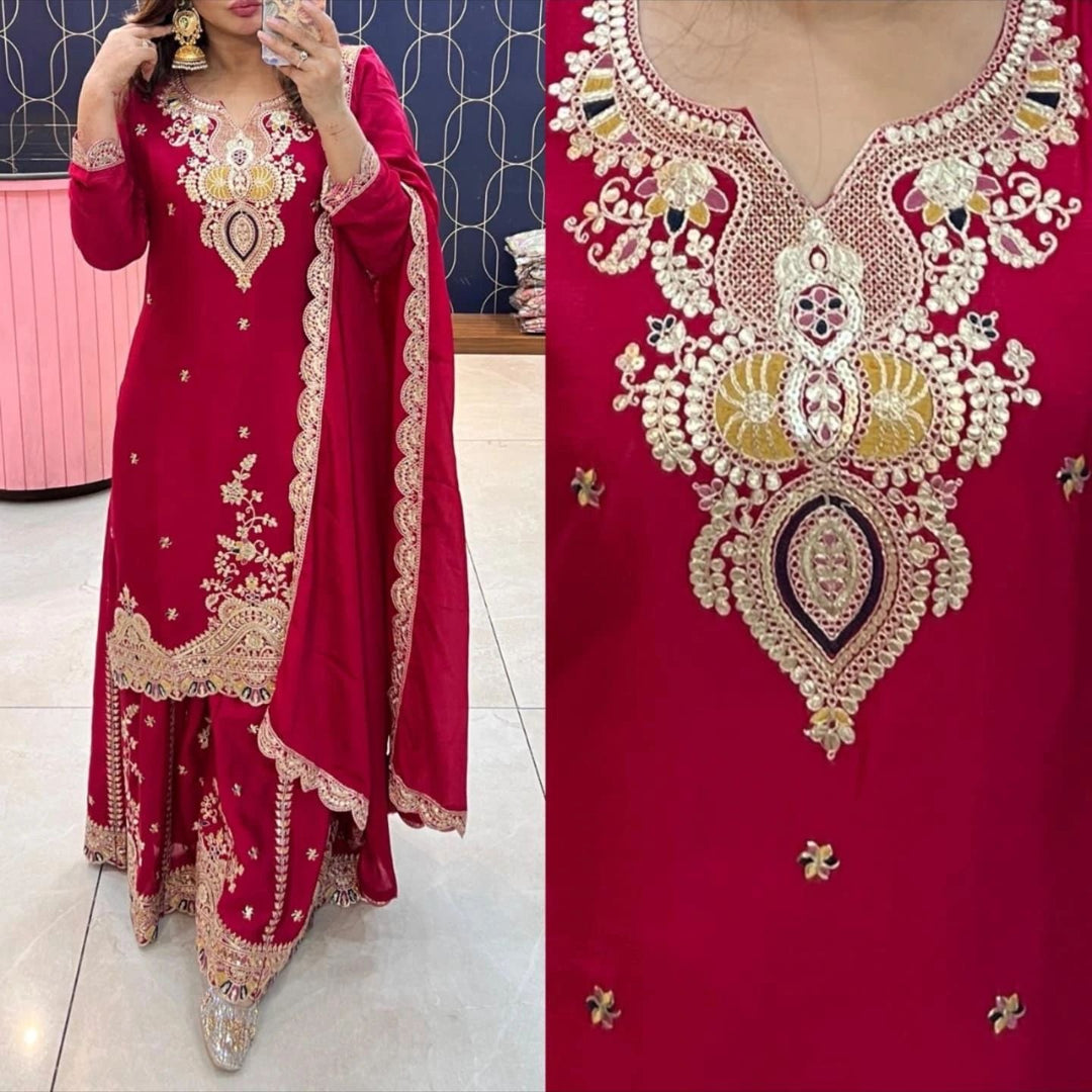 Red Karwachauth Special Party Wear Embroidered Straight Kurta With Sharara and Dupatta