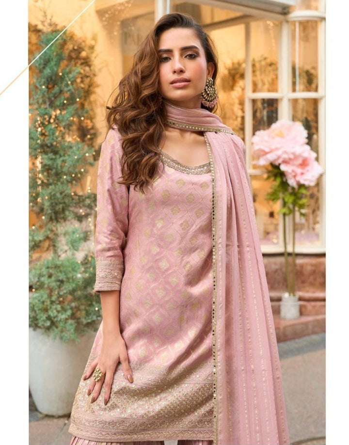 Baby Pink And Golden Festive Embroidered Sharara Suit