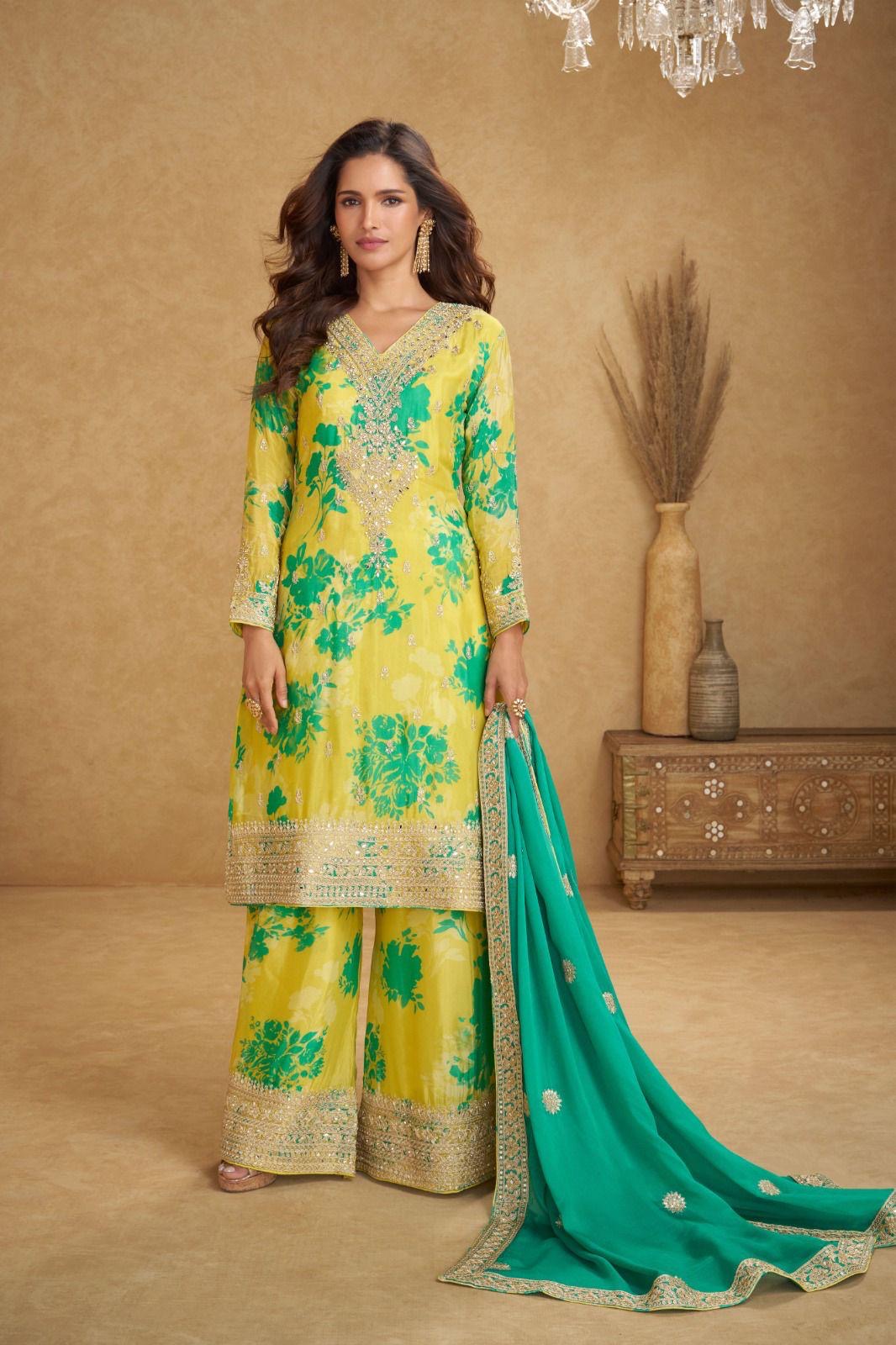 Yellow Green Printed Dual Shade Palazzo Festive Suit Set