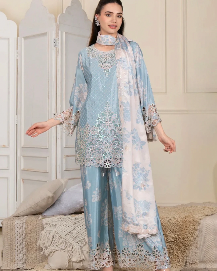 Noor Al Dubai Light Blue Itra Cutwork-Palazzo Set
