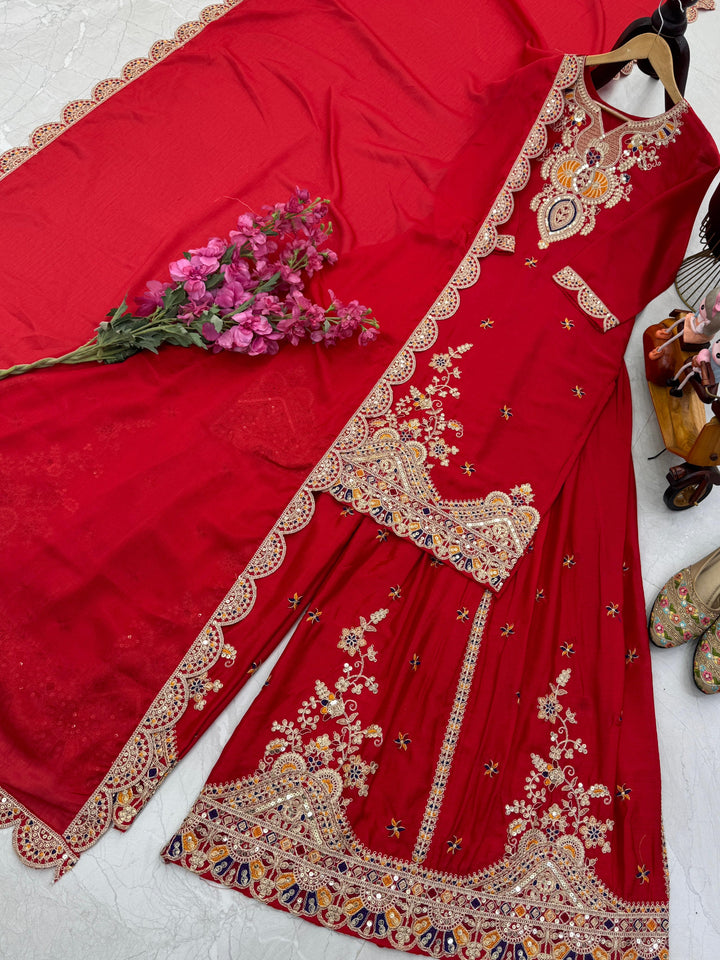 Red Karwachauth Special Party Wear Embroidered Straight Kurta With Sharara and Dupatta