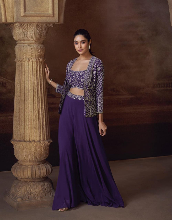 Purple Party Wear 3 Piece Mirror Work Jacket With Palazzo Set