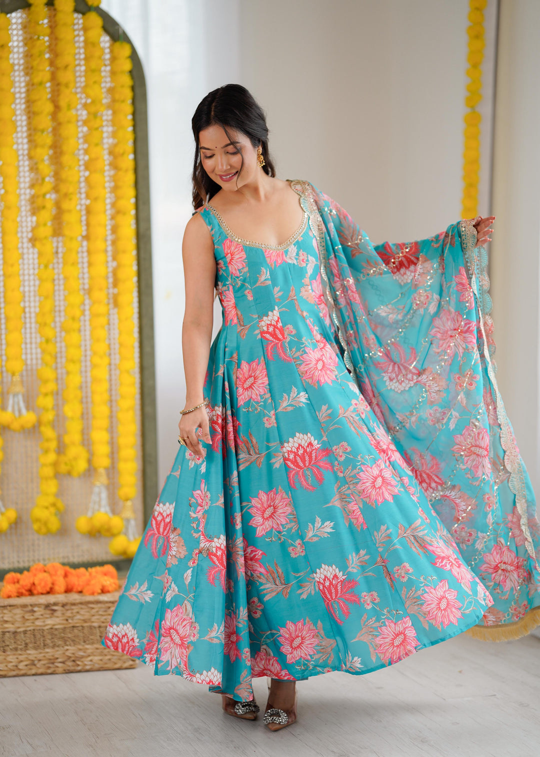 Light Blue Floral Long Anarkali Festive Suit