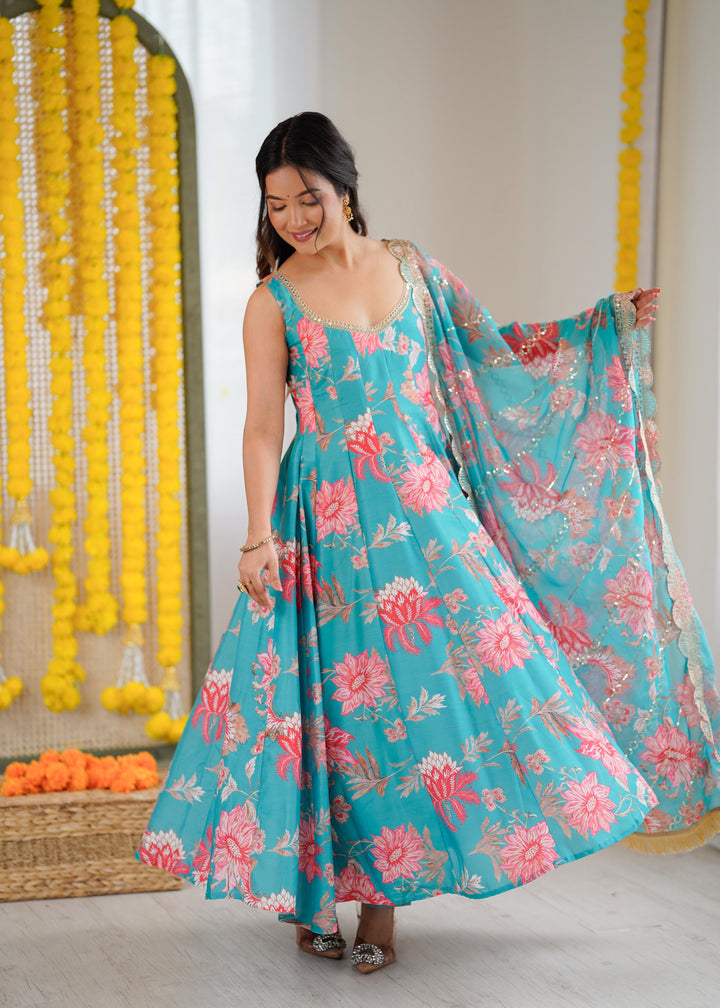 Light Blue Floral Long Anarkali Festive Suit