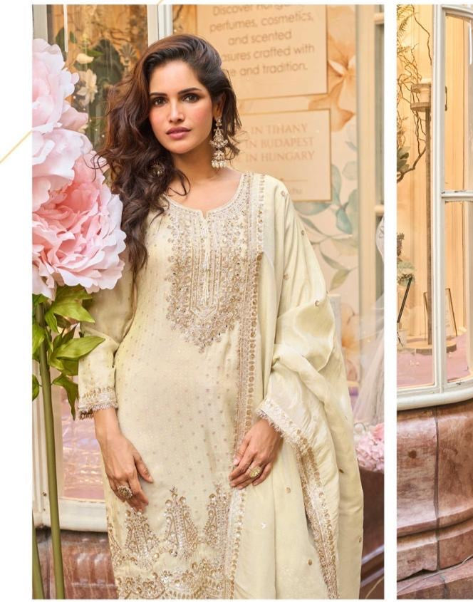 Ivory Festive Golden Embroidered Palazzo Suit Set