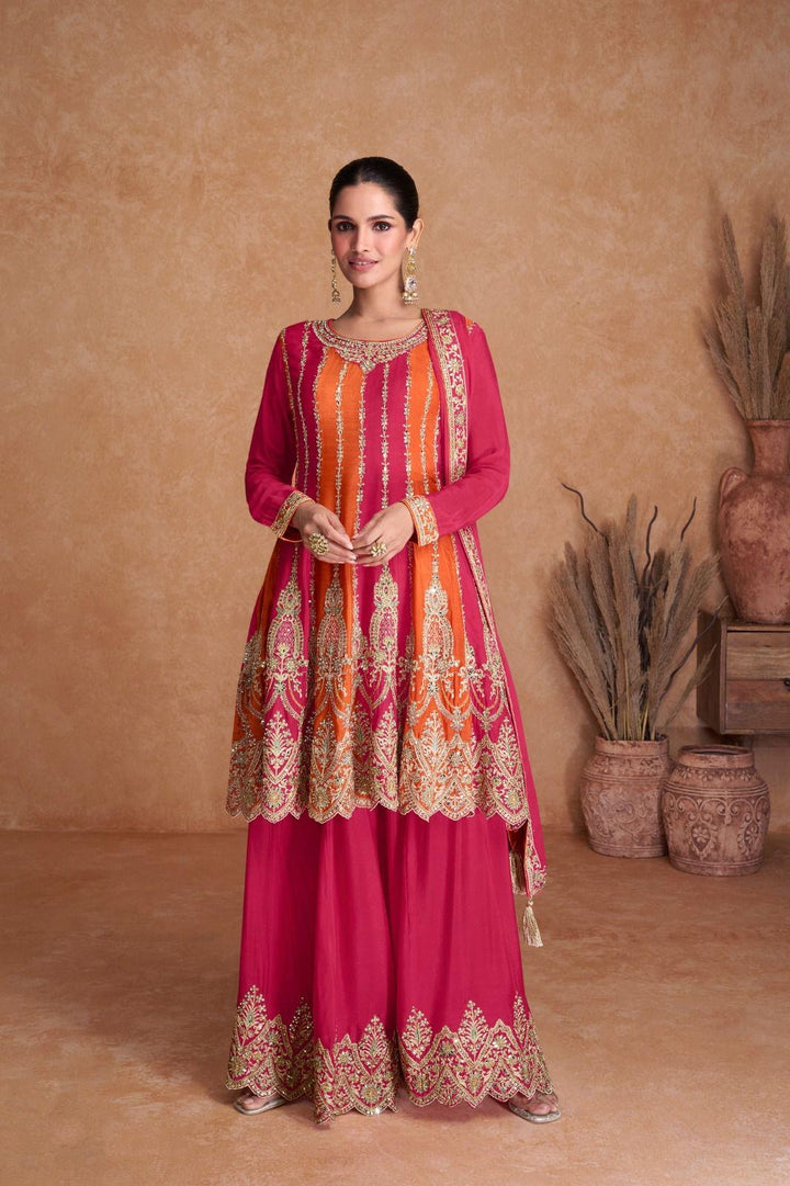 Red & Orange Karwachauth Special Anarkali Style Embroidered Kurti With Palazzo Dupatta