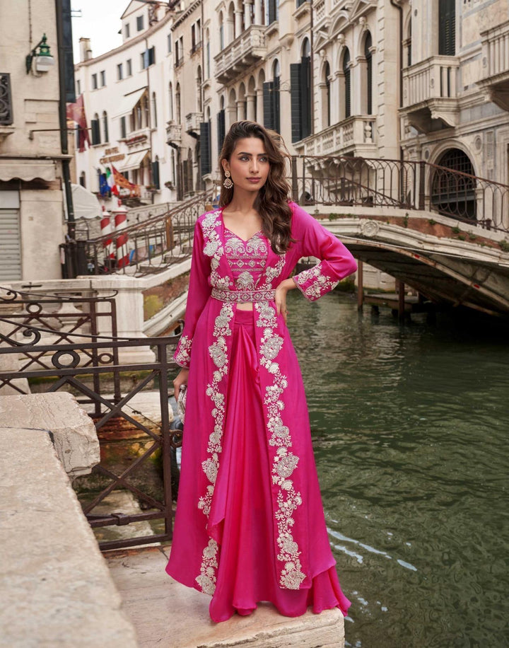 Pink Cape 3 piece Indo Western Drape Skirt Set With Belt