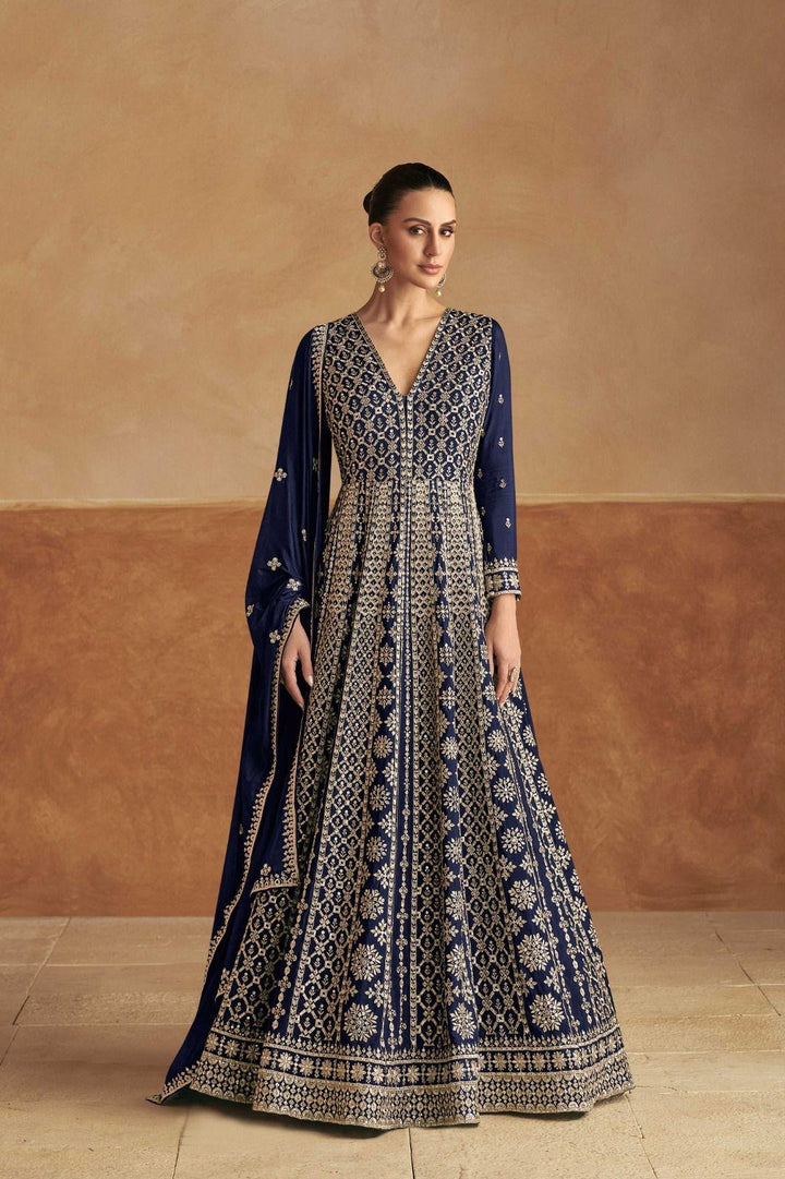 Blue Heavy Anarkali Gown Embroidered Party Wear Suit