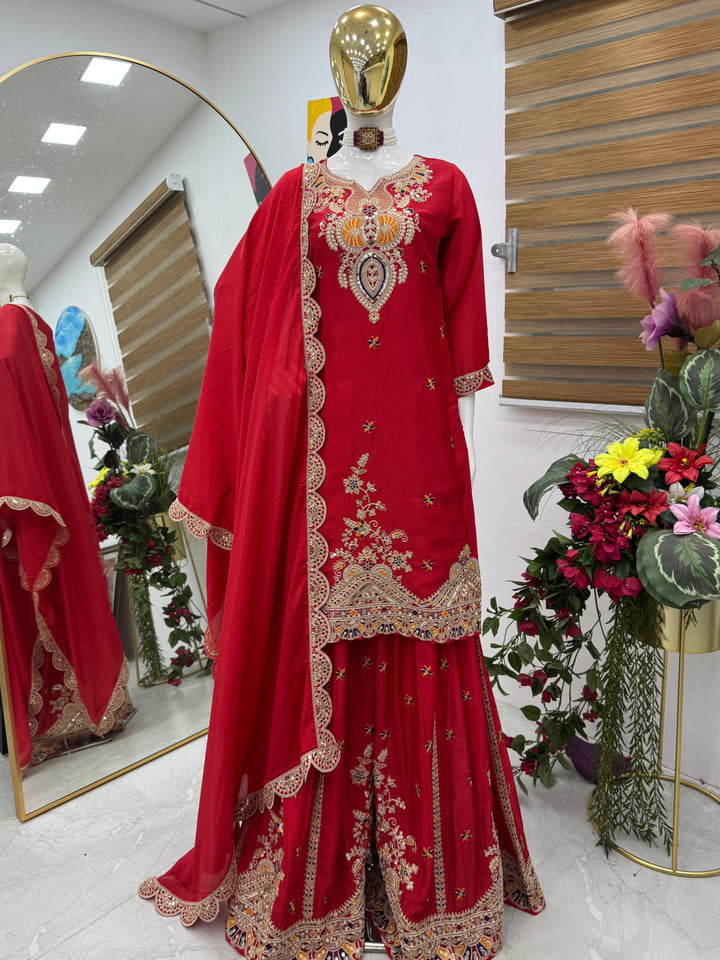 Red Karwachauth Special Party Wear Embroidered Straight Kurta With Sharara and Dupatta