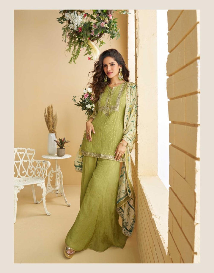 Light Green Festive Palazzo Suit With Printed Dupatta