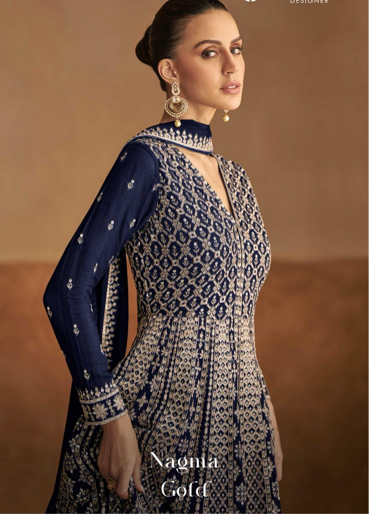 Blue Heavy Anarkali Gown Embroidered Party Wear Suit