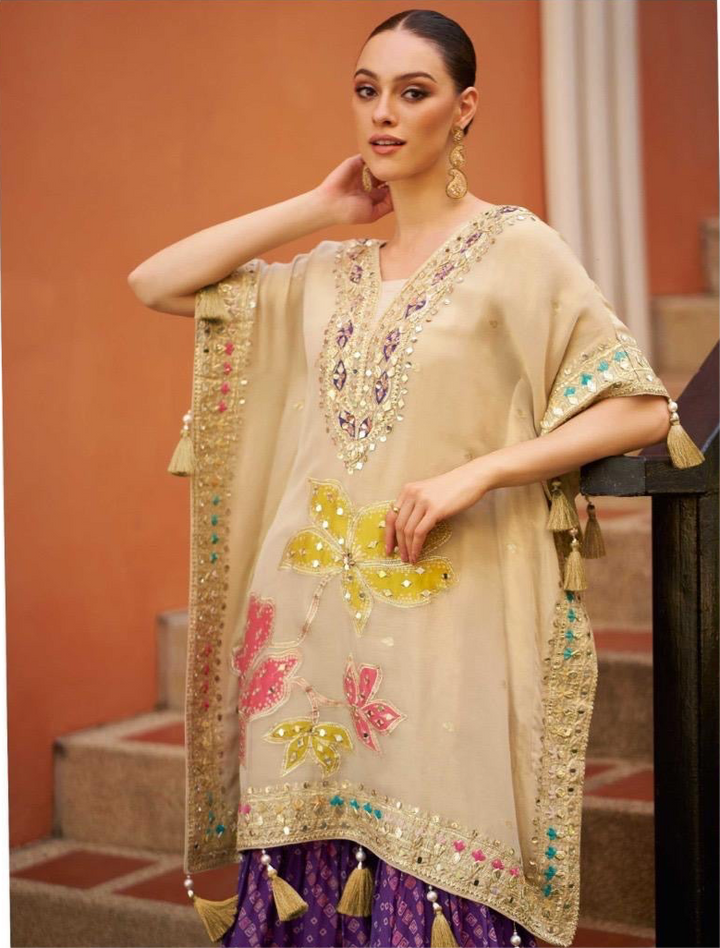 White Embroidered  gotta patti party wear purple bandhani sharara kaftan set