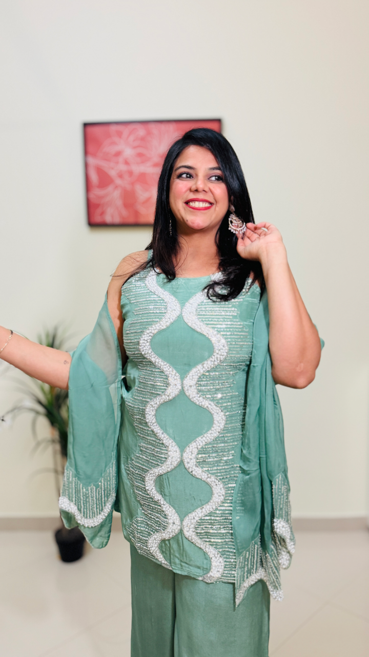 Pastel Green Heavy Embroidered Party Wear Kurta Palazzo Suit