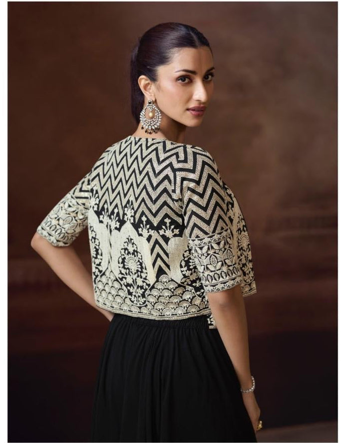 Black Party Wear 3 Piece Embroidered Jacket With Palazzo Set
