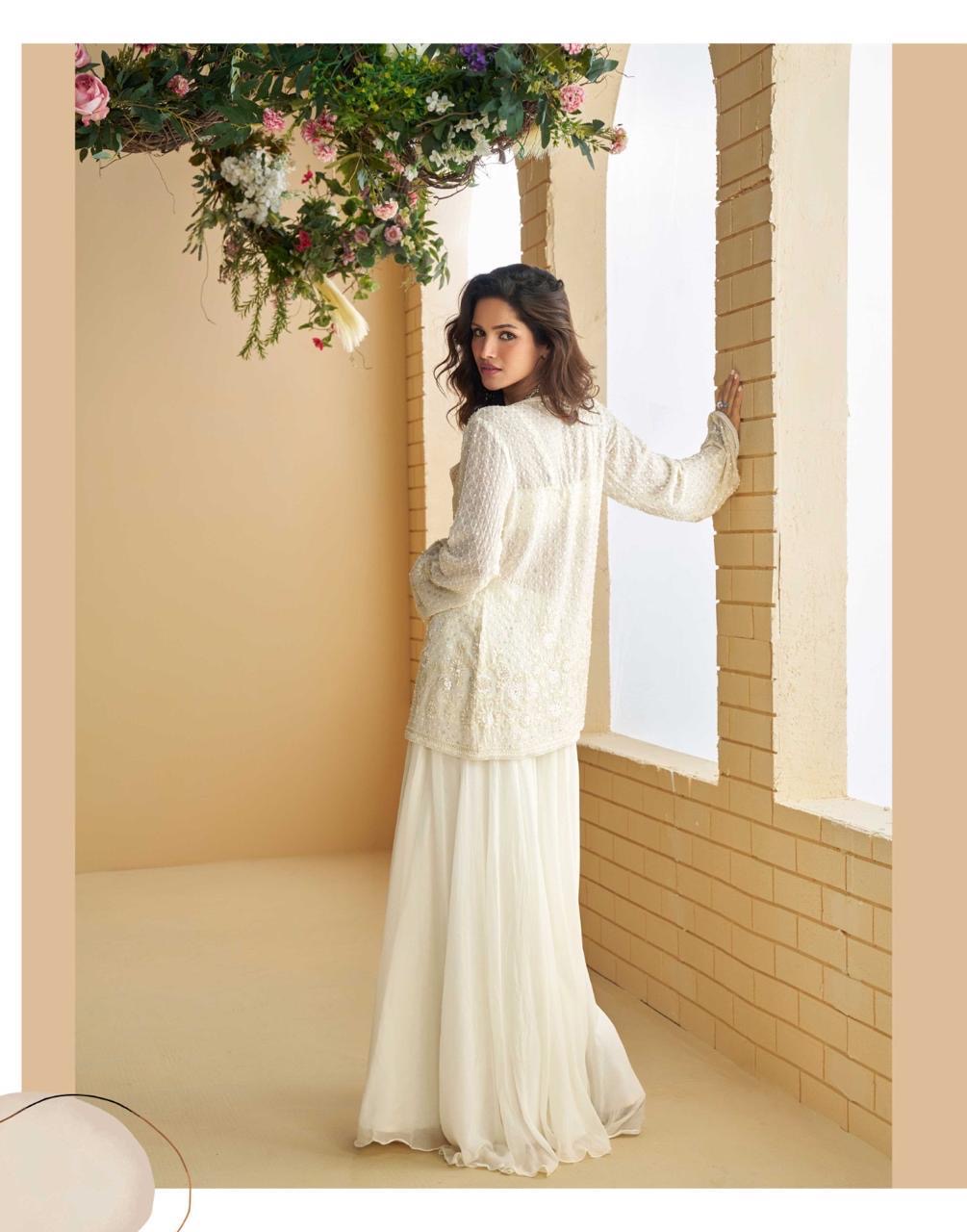 Designer White 3 Piece Indo Western Cape Party Wear Set