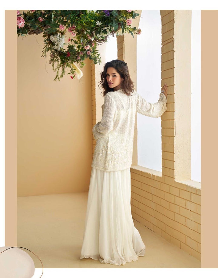 Designer White 3 Piece Indo Western Cape Party Wear Set