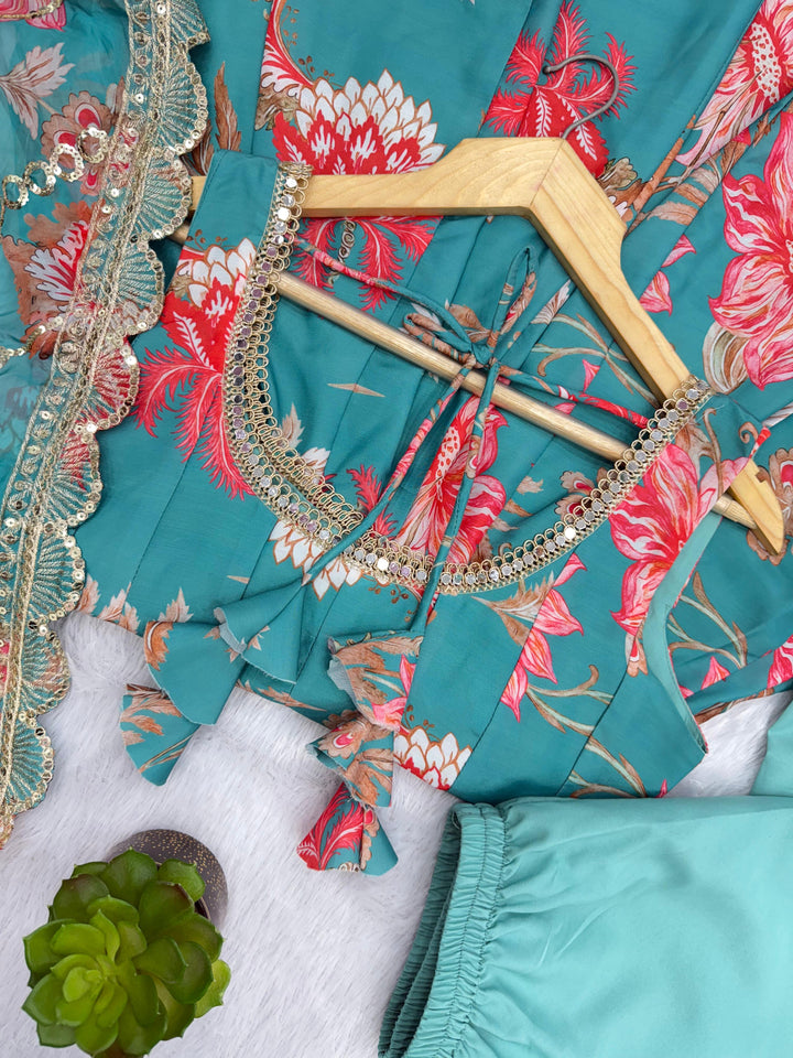 Light Blue Floral Long Anarkali Festive Suit