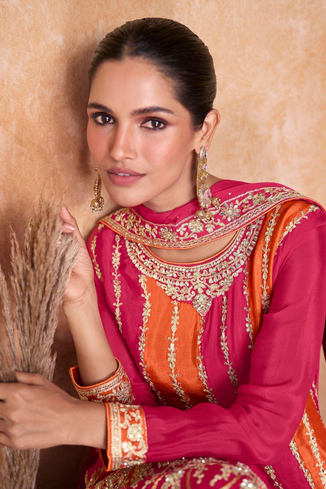 Red & Orange Karwachauth Special Anarkali Style Embroidered Kurti With Palazzo Dupatta