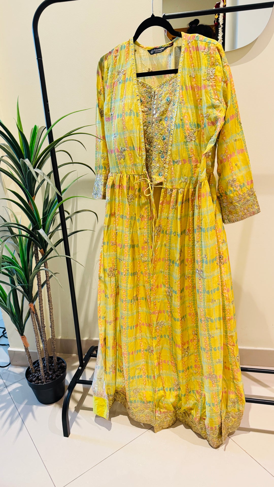 Lime Yellow Desert Glow 3 Piece Party Wear Long Jacket Palazzo Set