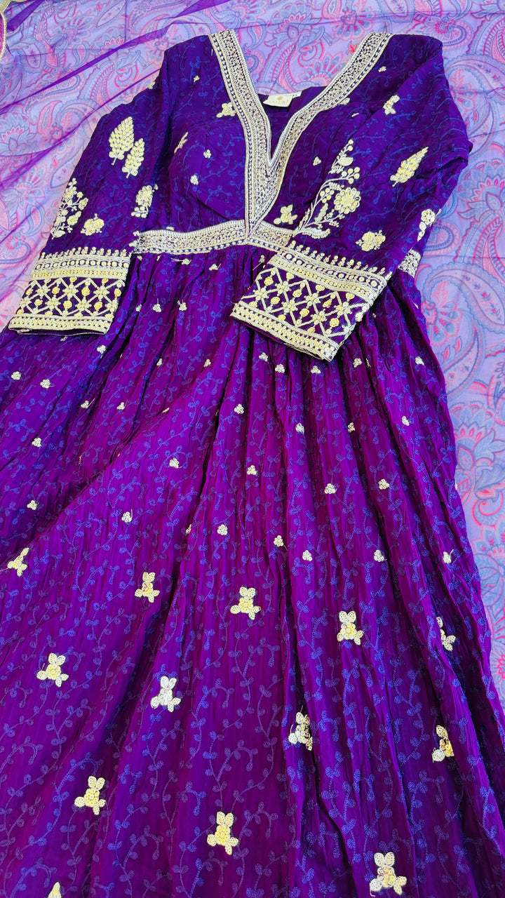 Purple Embroidered Tradtional Anarkali Gown Set