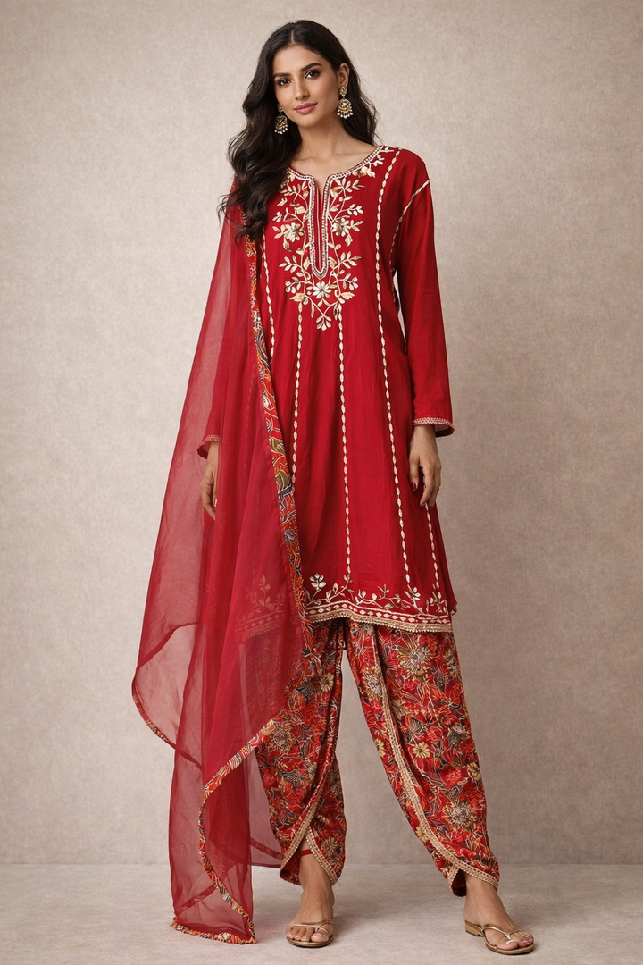 Festive Red Gotta Suit With Printed Tulip Pants And Dupatta