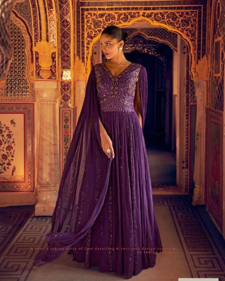 Purple Designer Wedding Gown With Long Dramatic Sleeves and Embroidery