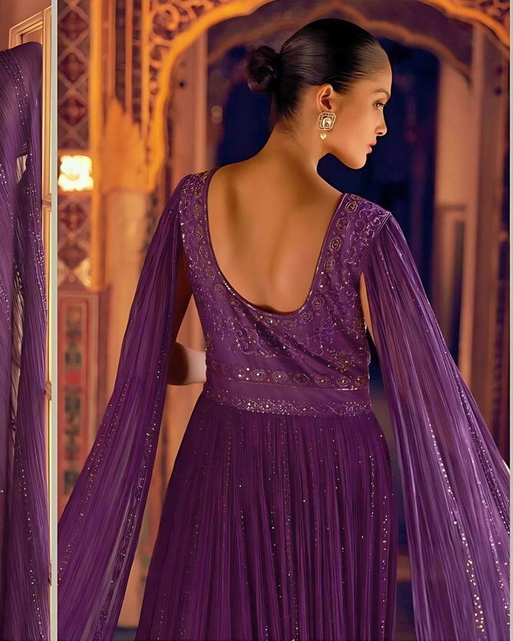 Purple Designer Wedding Gown With Long Dramatic Sleeves and Embroidery