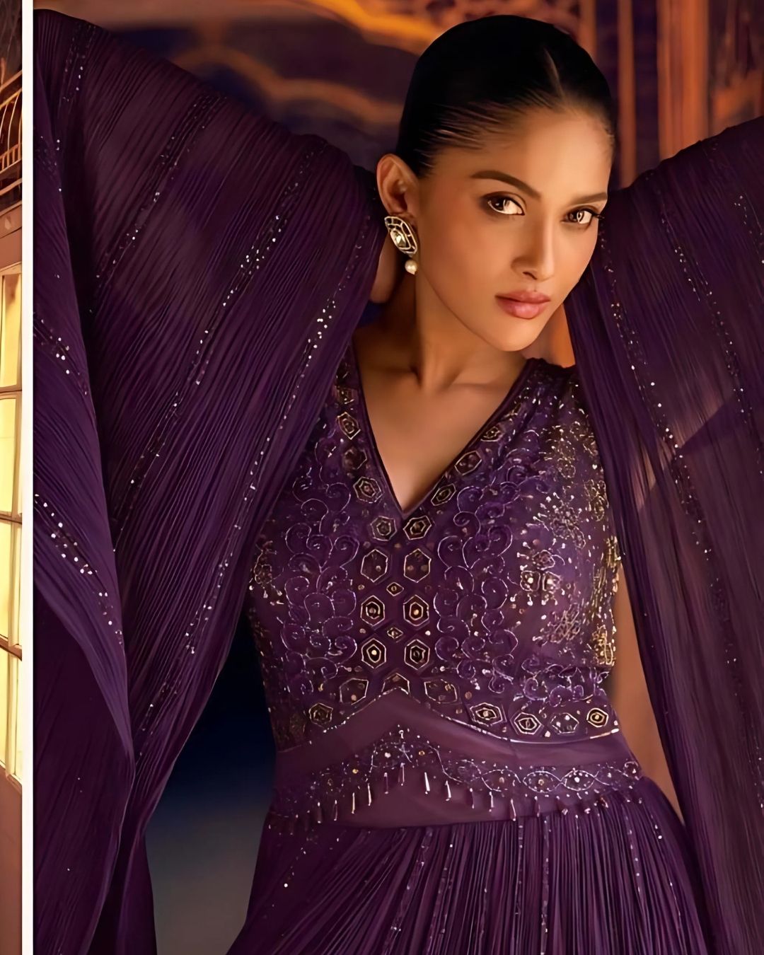 Purple Designer Wedding Gown With Long Dramatic Sleeves and Embroidery