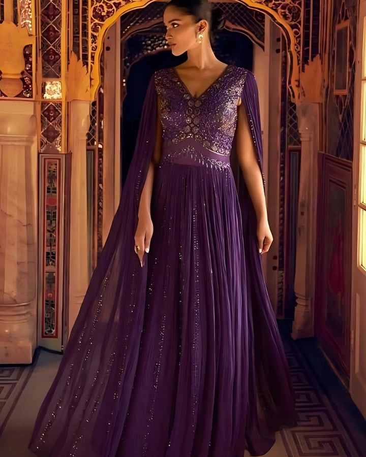 Purple Designer Wedding Gown With Long Dramatic Sleeves and Embroidery