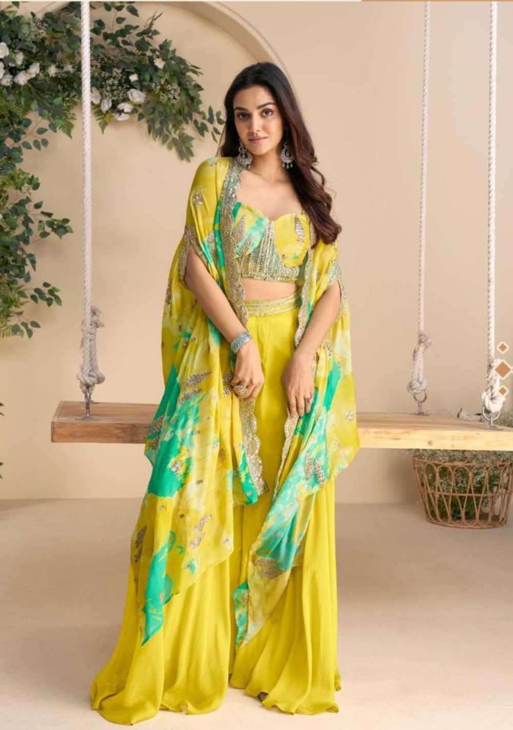 Designer yellow sharara pants with embellished corset top and dupatta cape – Diwali and Ganpati outfit Dubai