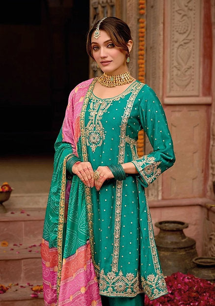 Jumeirah Jalsa Teal Green Embroidery Peplum Style Palazzo Suit Wedding Wear