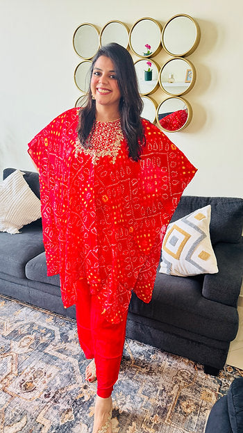 Red Bandhani Printed Kaftan Set
