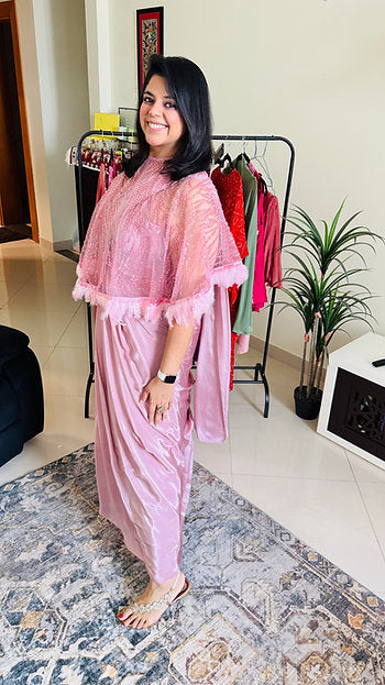 Pastel Pink Indo Western Gown-Half Saree With Embroidered Cape