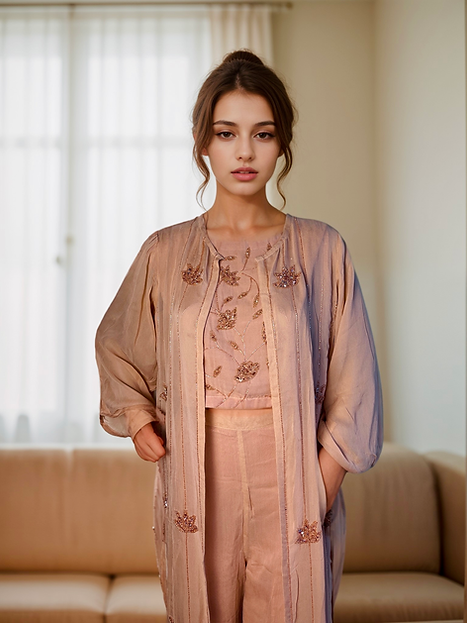 Peach Designer 3 Piece Crop Top Sharara Set with Shrug