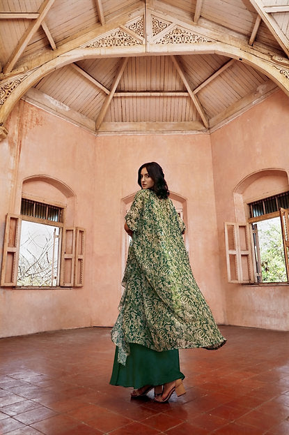 Zabeel Gardenia Multi Embroidered Crop Top and Palazzo Set With Cape
