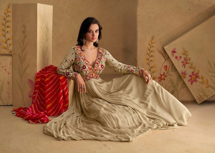 Beige Embroidered Festive Gown with Red Bandhej Dupatta