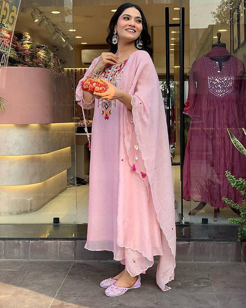 Diera Dhamaka Cotton Silk Baby Pink Embroidered Indian Suit