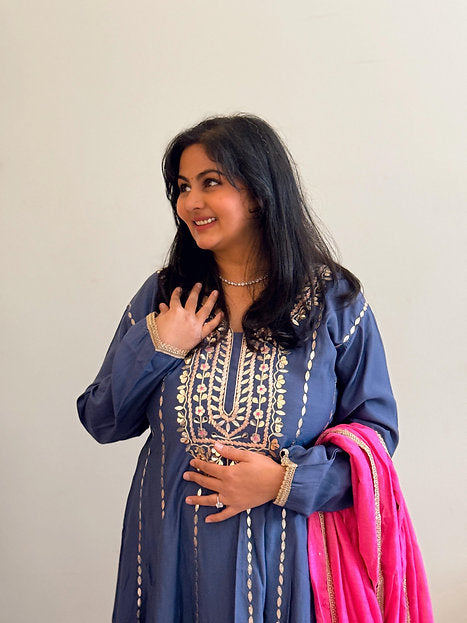 Festive Blue Gotta Suit With Tulip Pants And Contrast Pink Dupatta