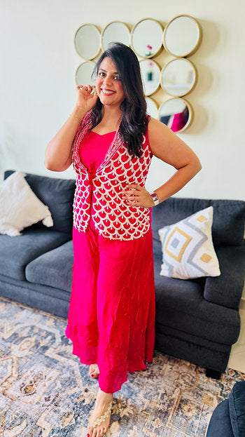 Rani Pink 3 Piece Indo Western Jacket Style Palazzo Party Wear Set