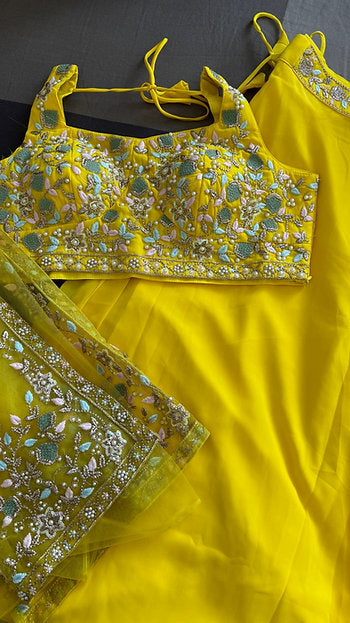 Golden Karak Yellow Crop Top Embroidered Shrug with Palazzo Wedding Wear