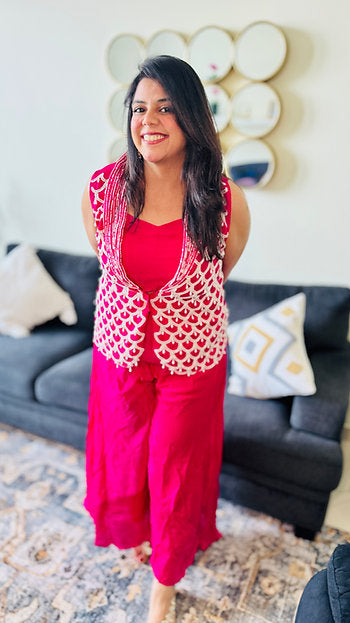 Rani Pink 3 Piece Indo Western Jacket Style Palazzo Party Wear Set