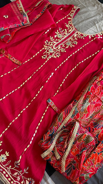 Festive Red Gotta Suit With Printed Tulip Pants And Dupatta
