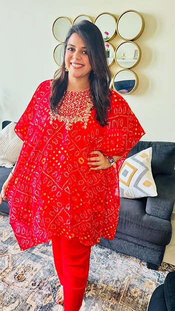 Red Bandhani Printed Kaftan Set