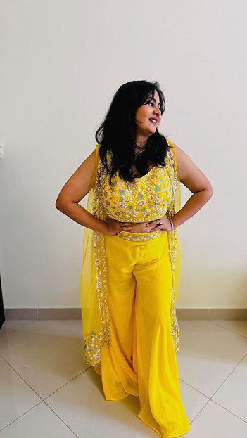 Golden Karak Yellow Crop Top Embroidered Shrug with Palazzo Wedding Wear