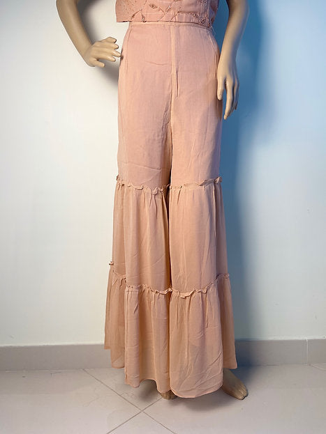 Peach Designer 3 Piece Crop Top Sharara Set with Shrug