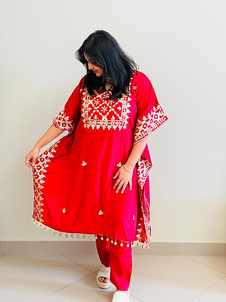 Red Golden Shimmer Crepe Gotta Kaftan Co-ord Set